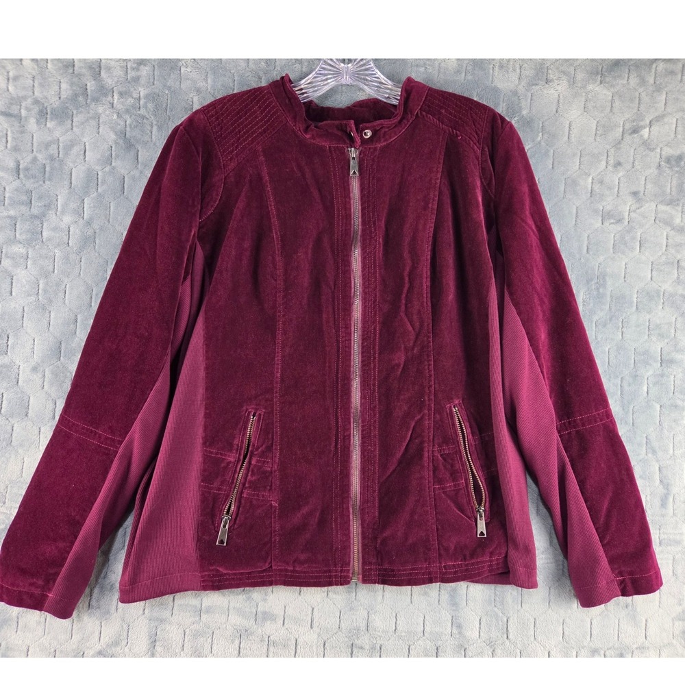 New Directions Womens XL Burgundy Velvet Moto Jacket Quilted Zip Mock Neck - Picture 2 of 13
